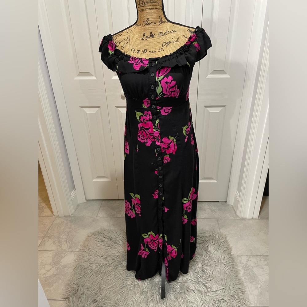 Free People Black Maxi Dress with Pink Floral Design